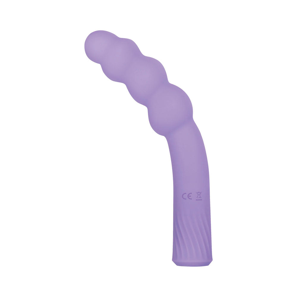 A purple silicone vibrator with a bumpy head and textured handle.