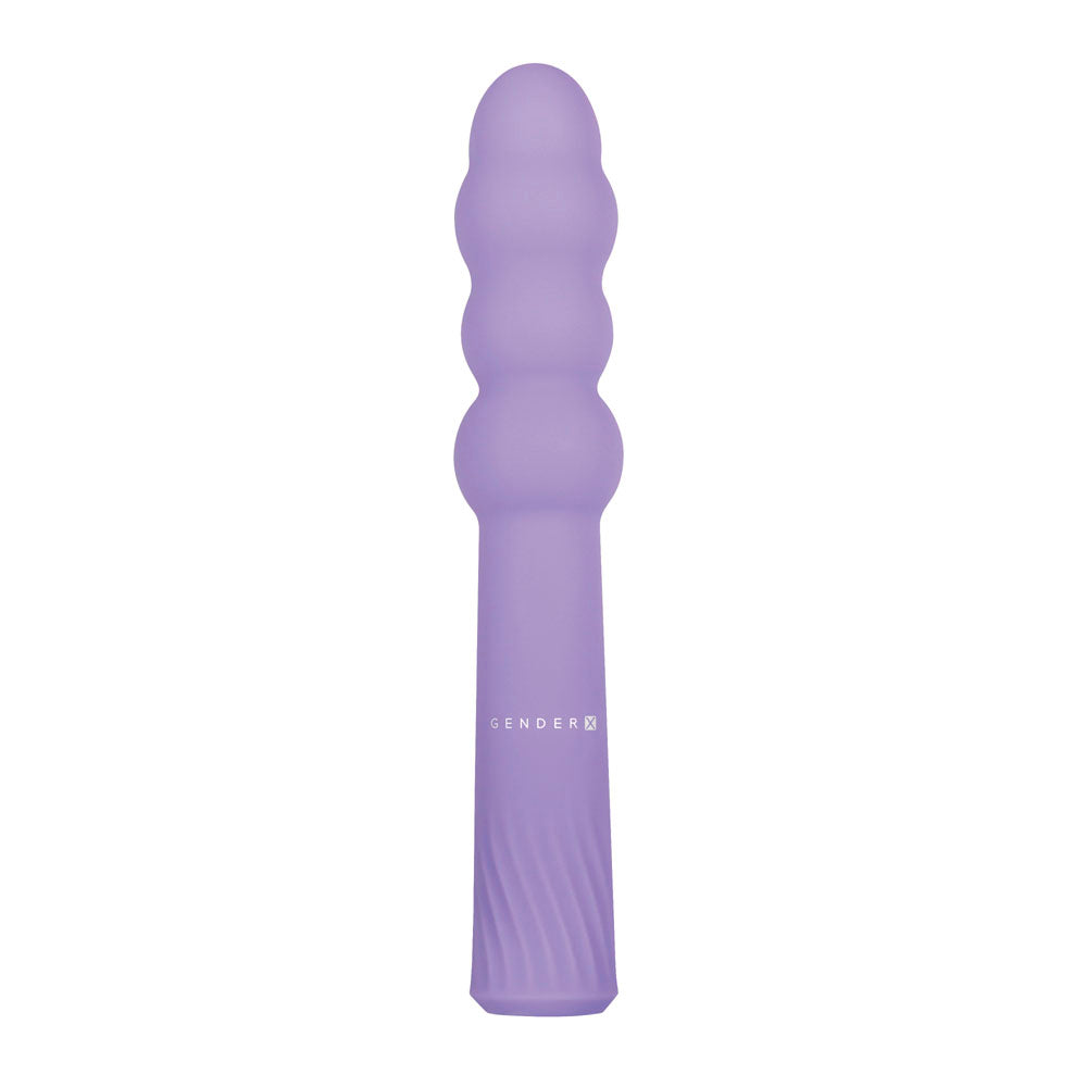 A purple silicone vibrator with a bumpy texture and a twisted base.