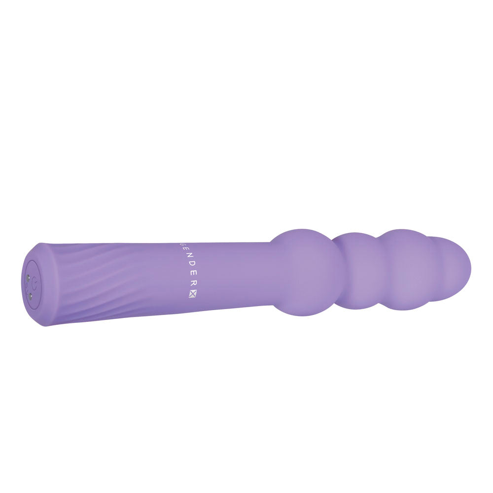 A purple silicone vibrator with a textured handle and a bumpy end.