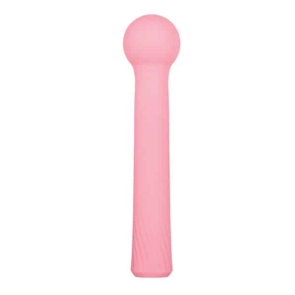A pink silicone wand massager with a rounded head and textured shaft.