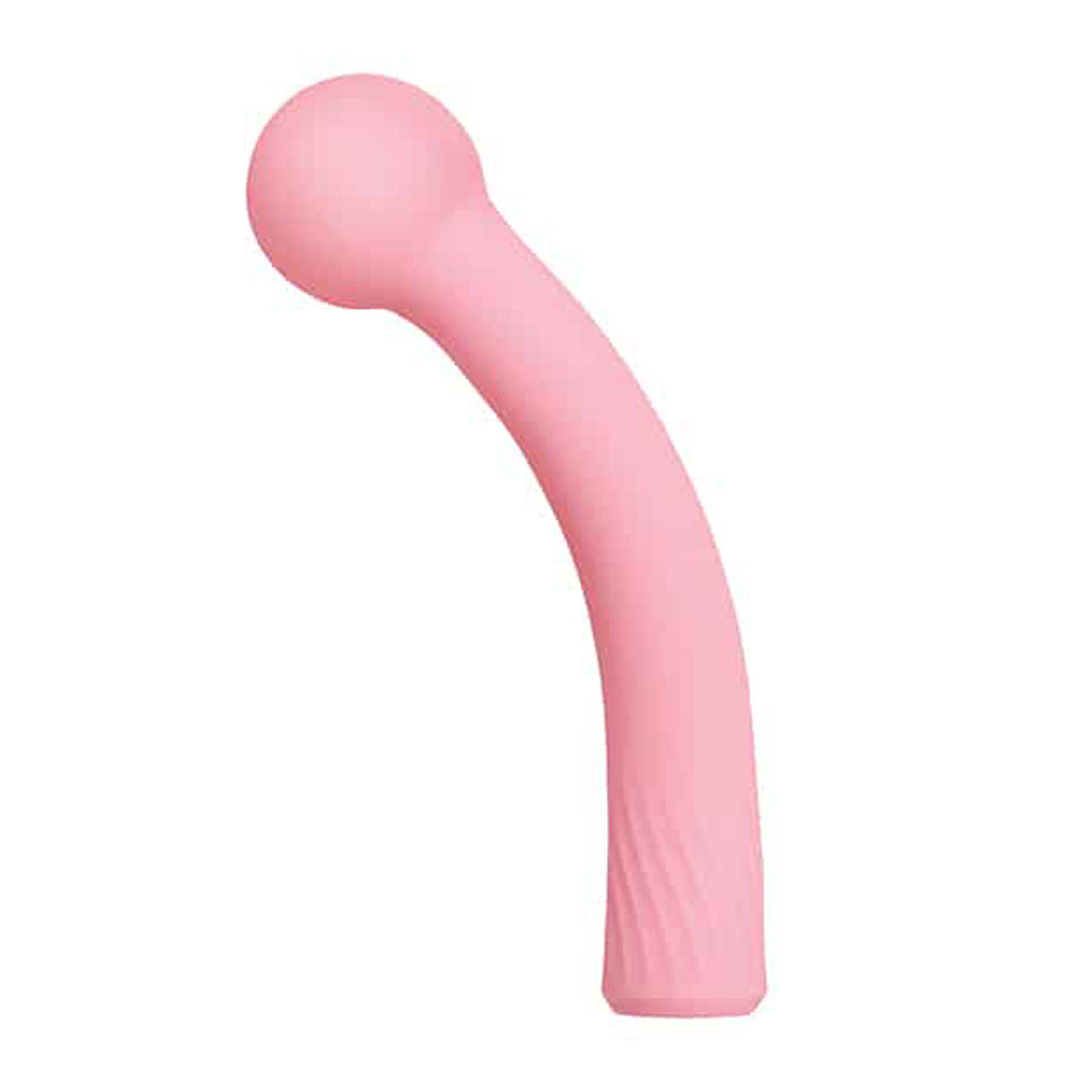 Pink silicone wand massager with a curved shaft and textured base.
