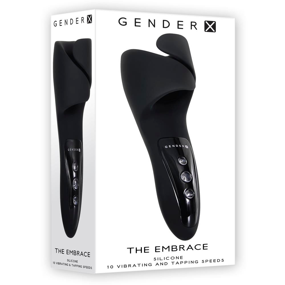 Black Gender-X The Embrace vibrator with three buttons on a white box.