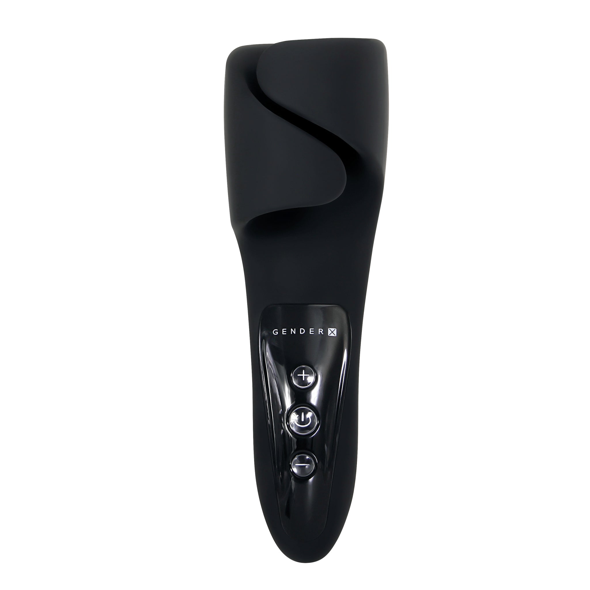 Black Gender-X Embrace vibrator with three control buttons.