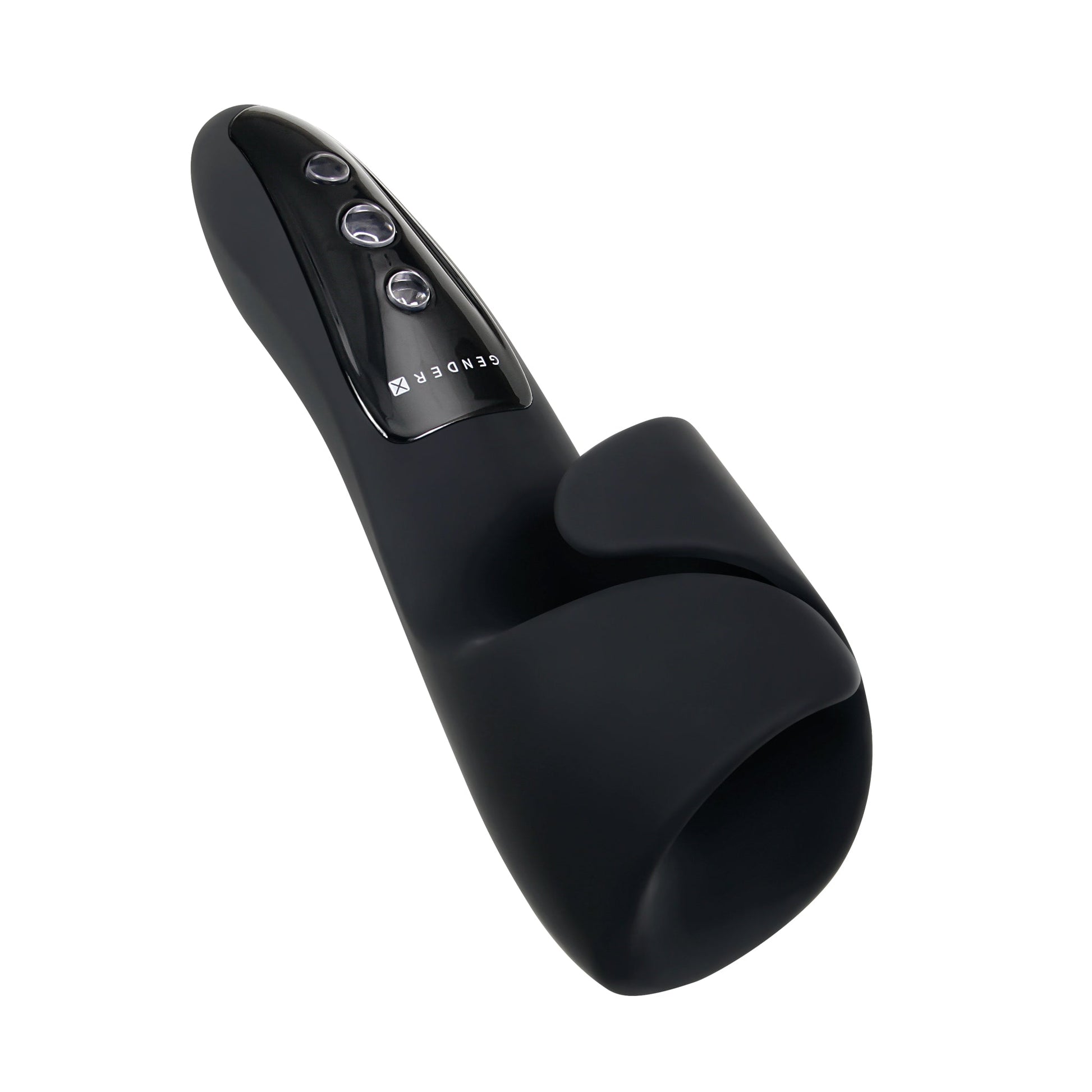 Black Gender-X Embrace cradle vibrator with three control buttons.