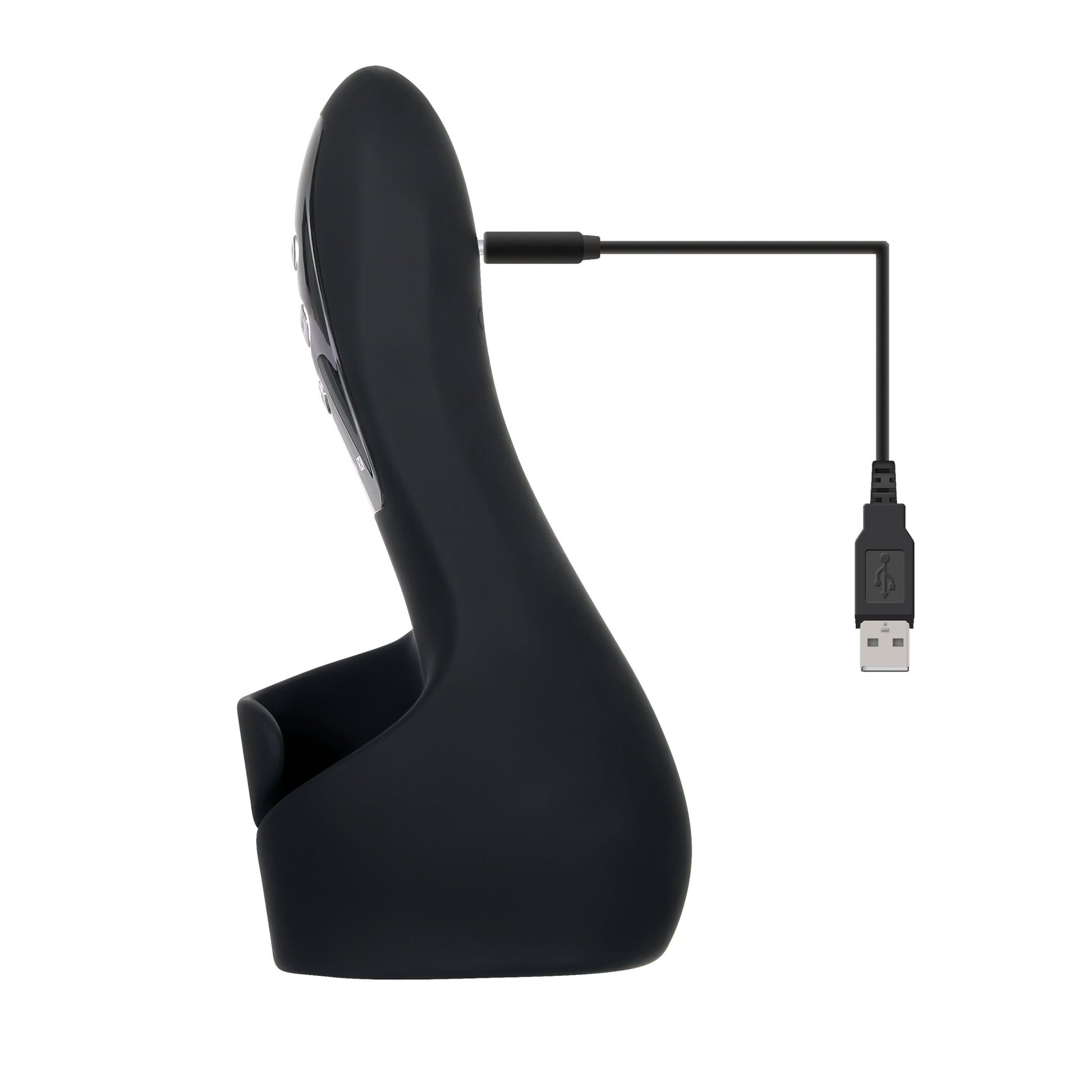 Black cradle vibrator with USB charging cable attached.