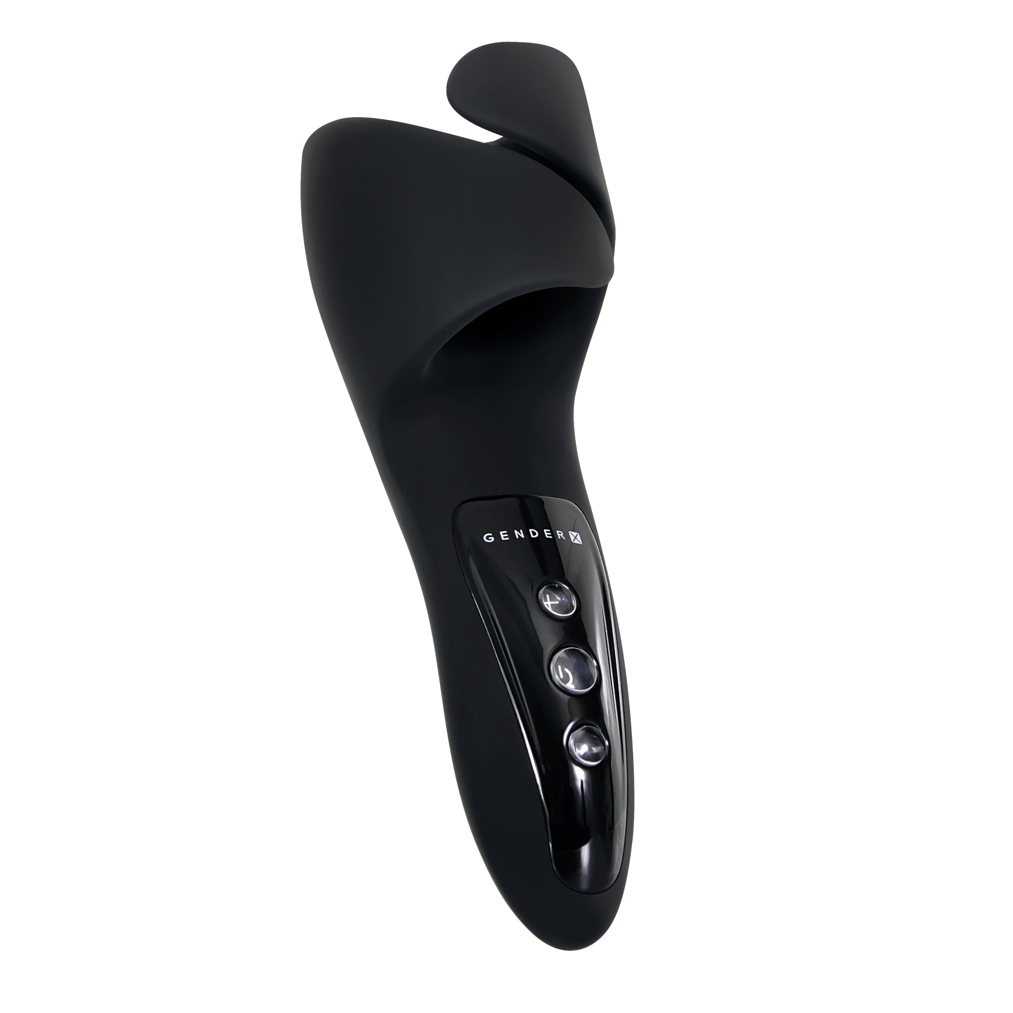 Black Gender-X Embrace cradle vibrator with three control buttons.
