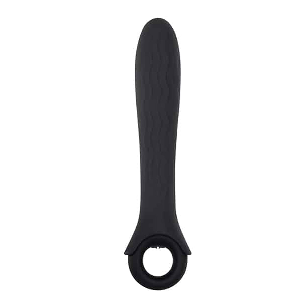 Black silicone vibe with a textured handle and a loop at the base.