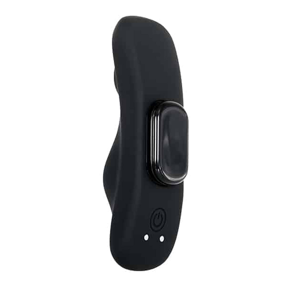 Black remote-controlled magnetic underwear vibrator with a power button.