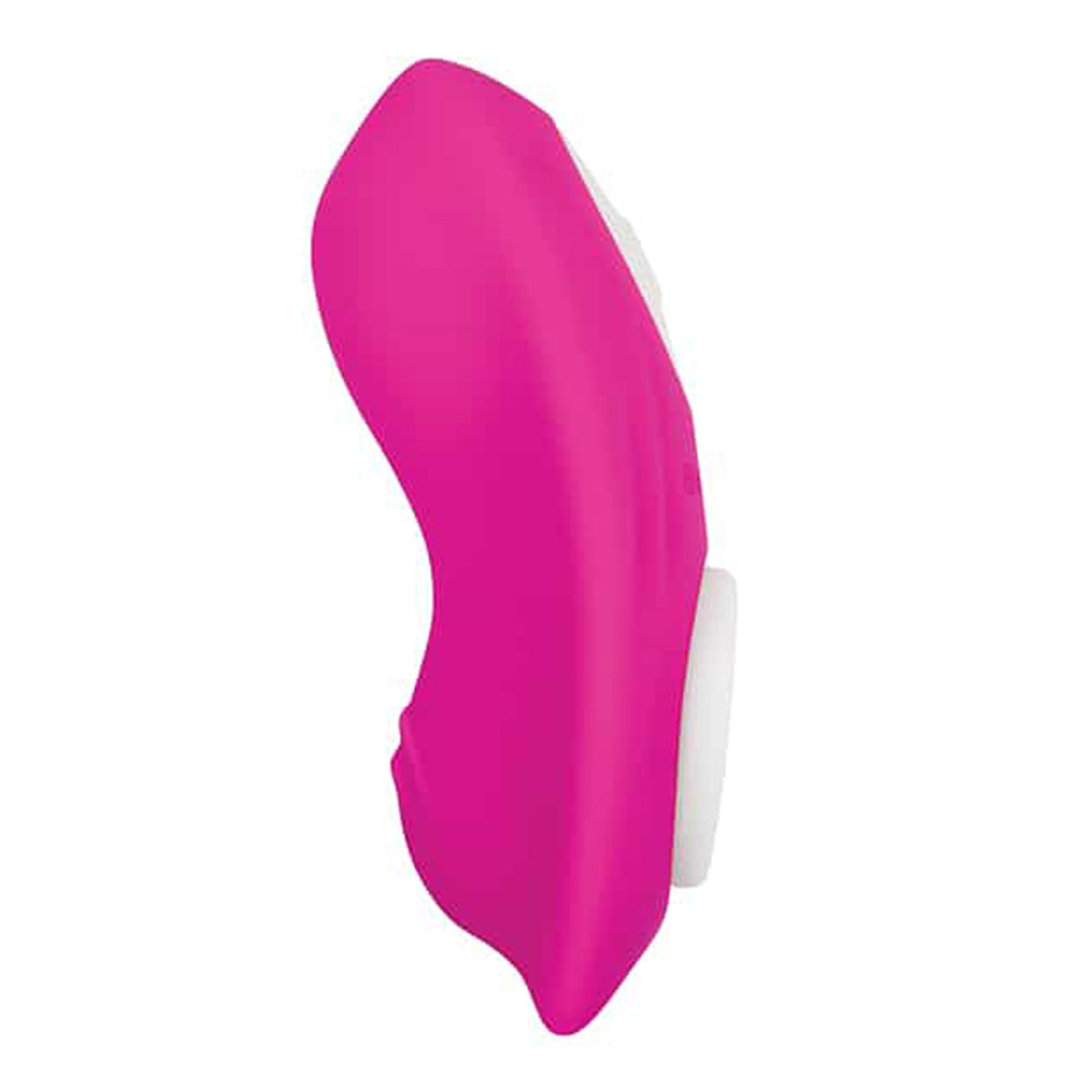 A pink silicone vibrator with a white magnetic attachment.