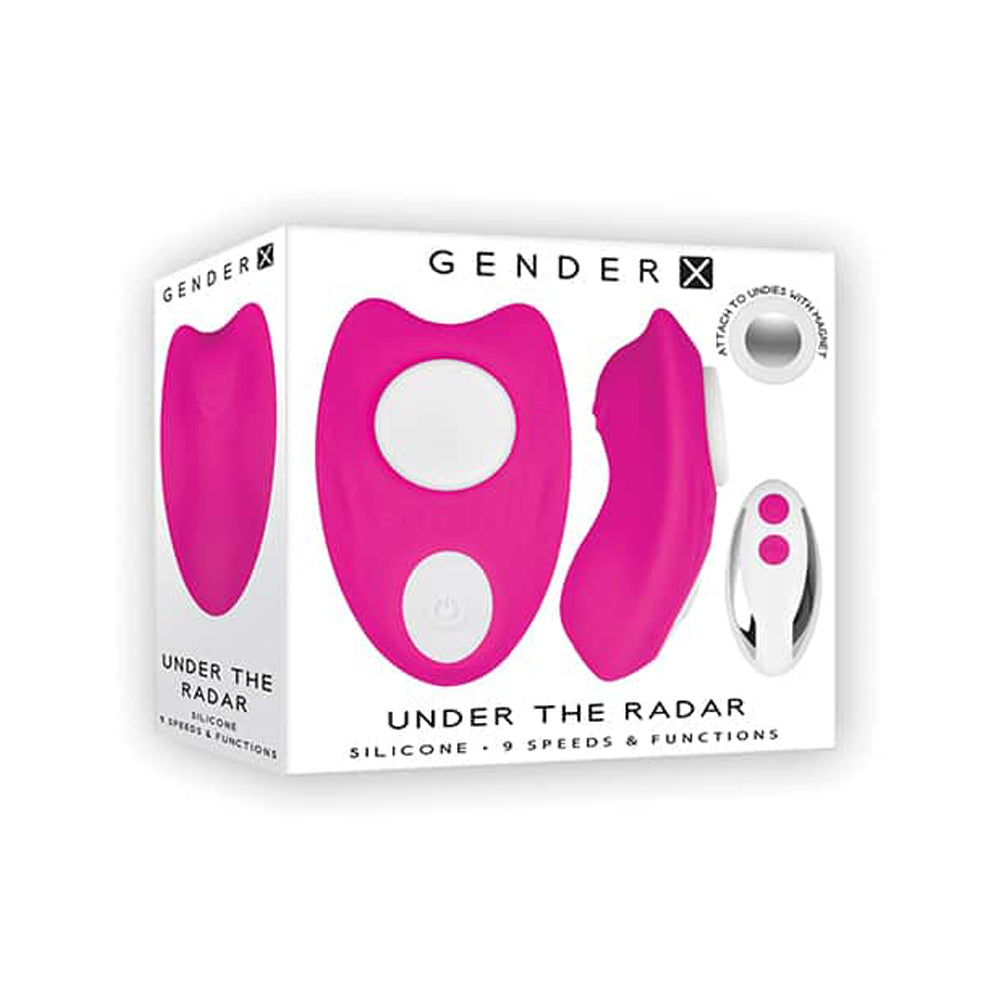 Pink Gender X remote control magnetic panty vibe with two buttons.