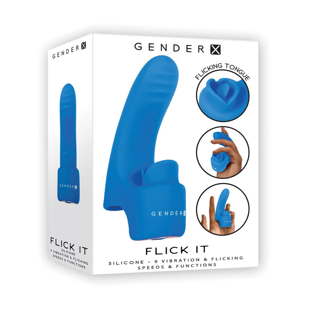 Blue silicone finger vibe with a flicking tongue attachment.
