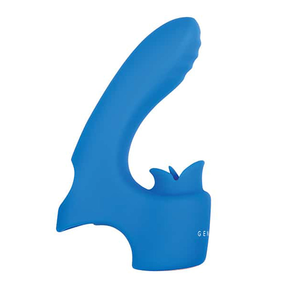 Blue silicone finger vibe with a textured tip and a base with a logo.