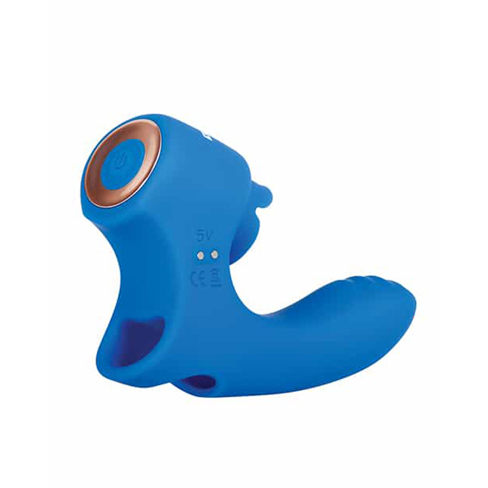 Blue silicone finger vibe with rose gold accents and power indicator lights.