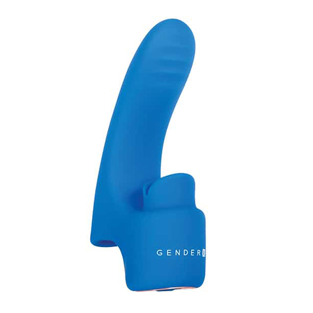 Blue silicone finger vibe with textured shaft and "GENDERX" logo.