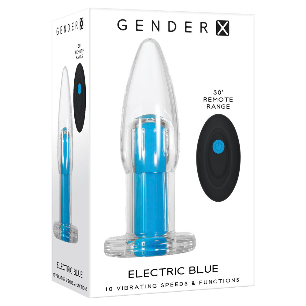 A blue vibrating anal plug with a remote control.