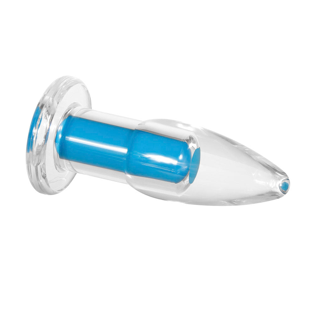 Clear glass anal plug with a blue vibrating insert and remote control.