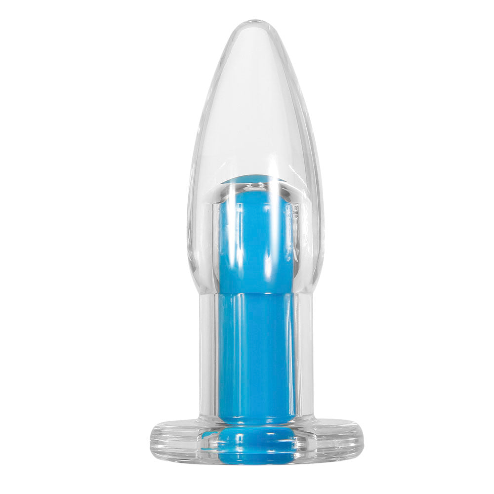 Clear anal plug with a blue vibrating bullet and flared base.