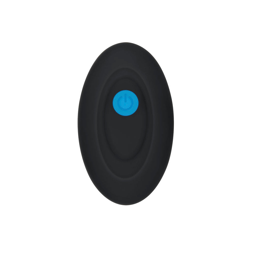 Black oval remote control with a blue power button.