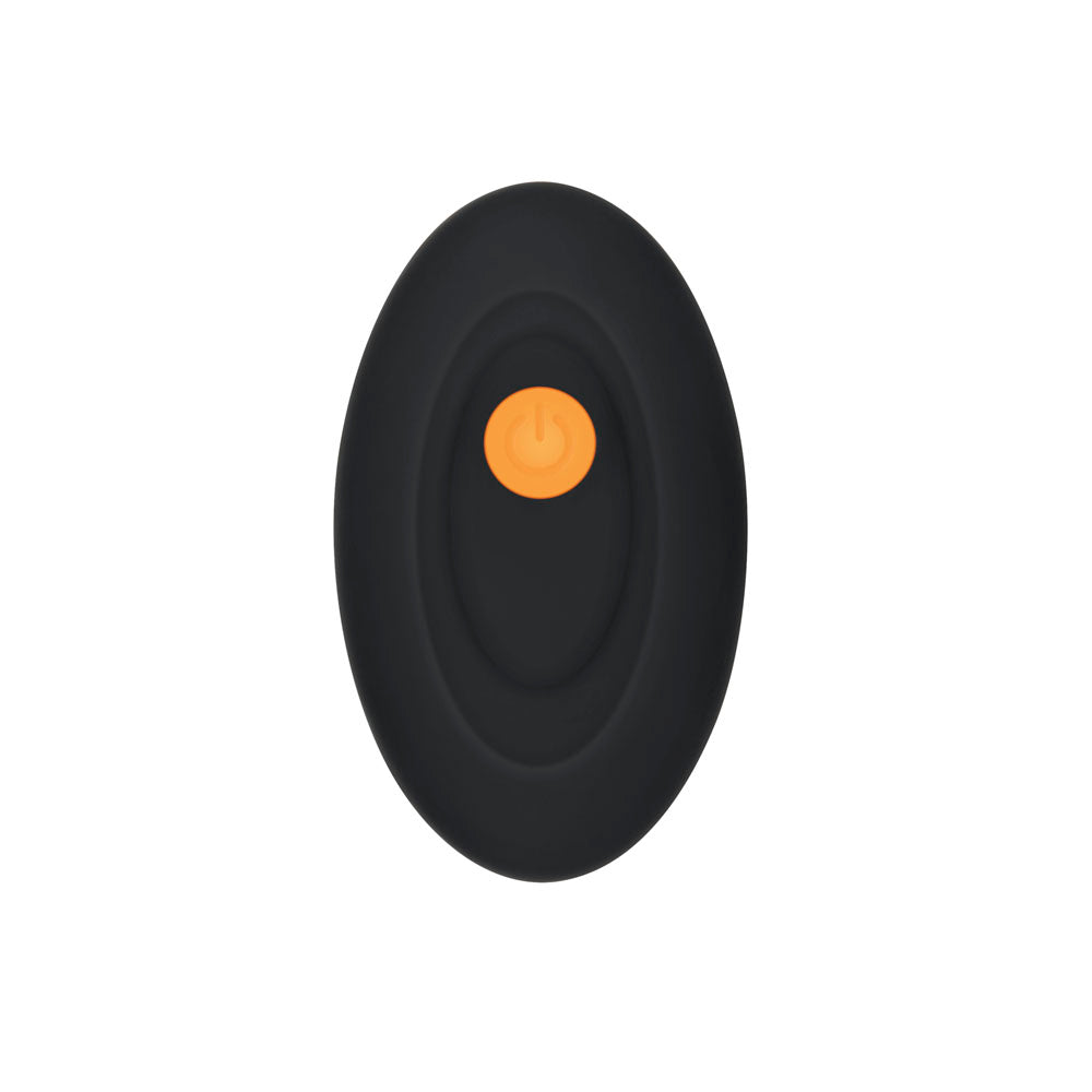 Black oval remote control with an orange power button.