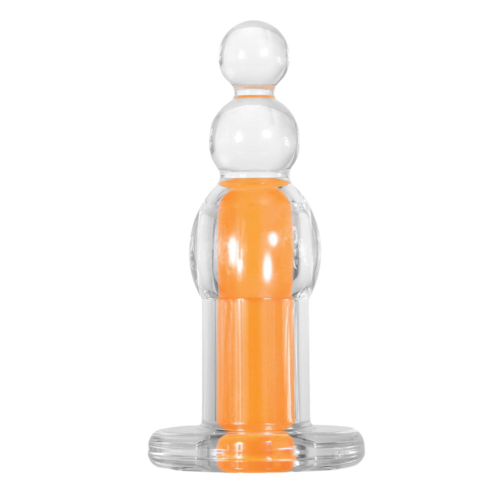 Clear beaded plug with orange insert and a flat base.