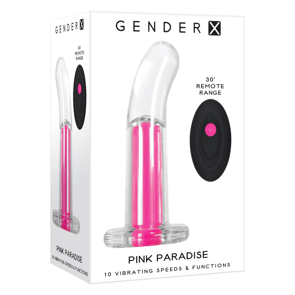 Pink Paradise remote vibrating anal plug with a clear body and pink bullet.