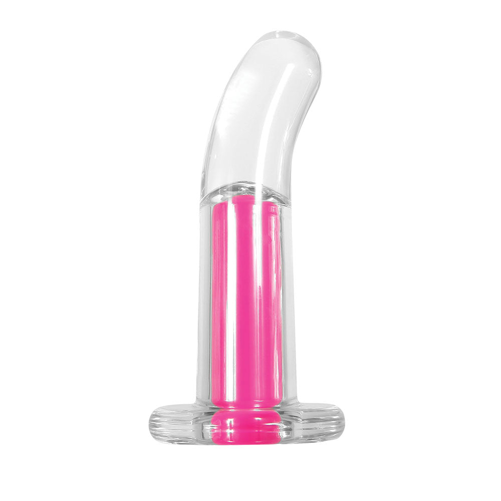 Clear vibrating anal plug with a pink insert and flared base.