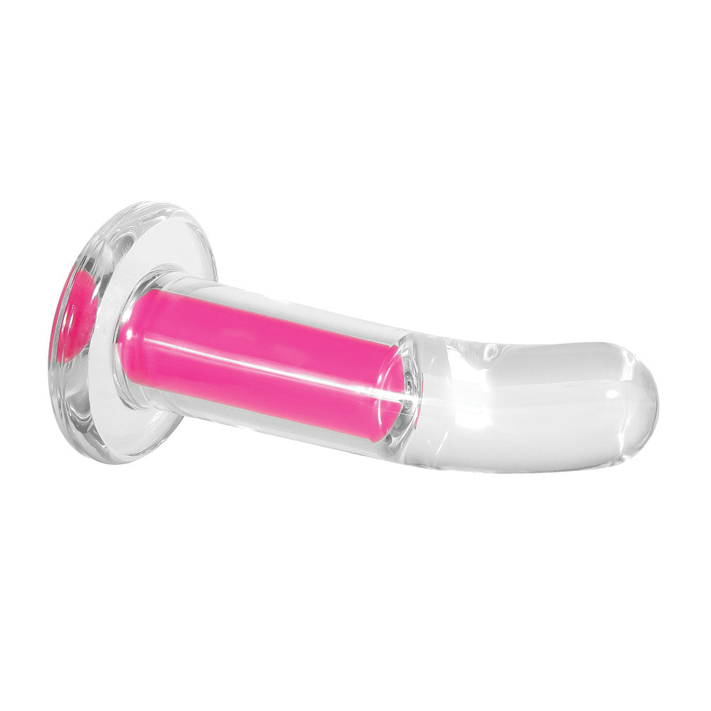 Clear anal plug with a pink vibrating insert and a curved tip.