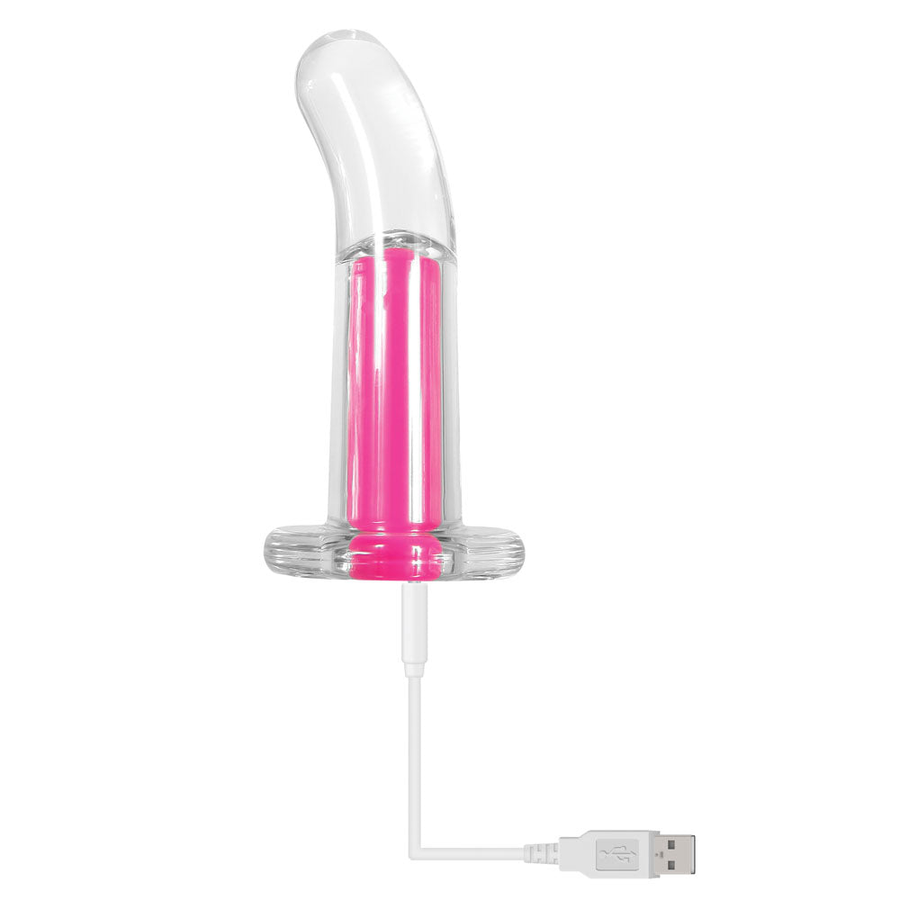 Pink vibrating anal plug with clear casing and USB charging cable.