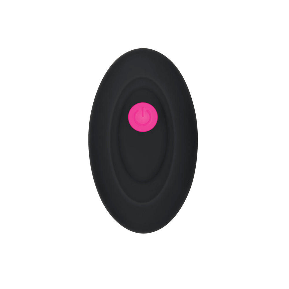 Black oval remote with a pink power button.