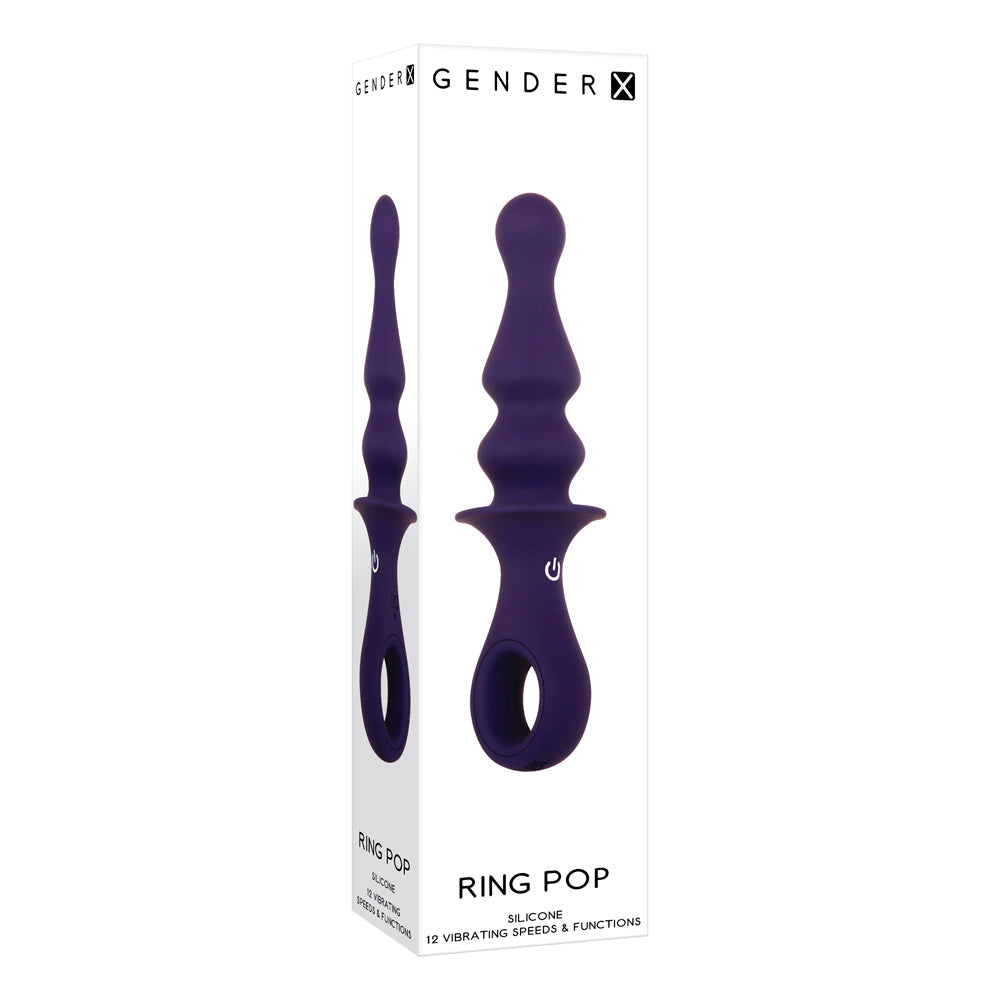 Purple silicone vibrating plug with a ring handle on a white box.