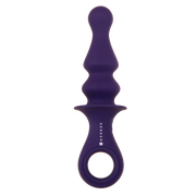 A purple silicone vibrating plug with a ring handle and textured shaft.