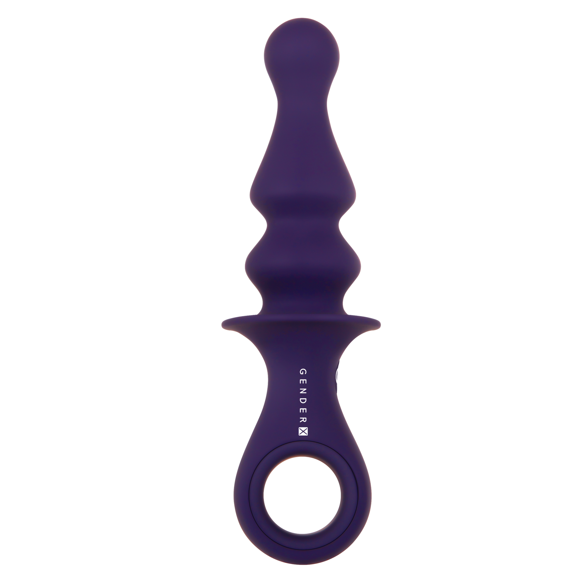 A purple silicone vibrating plug with a ring handle and textured shaft.