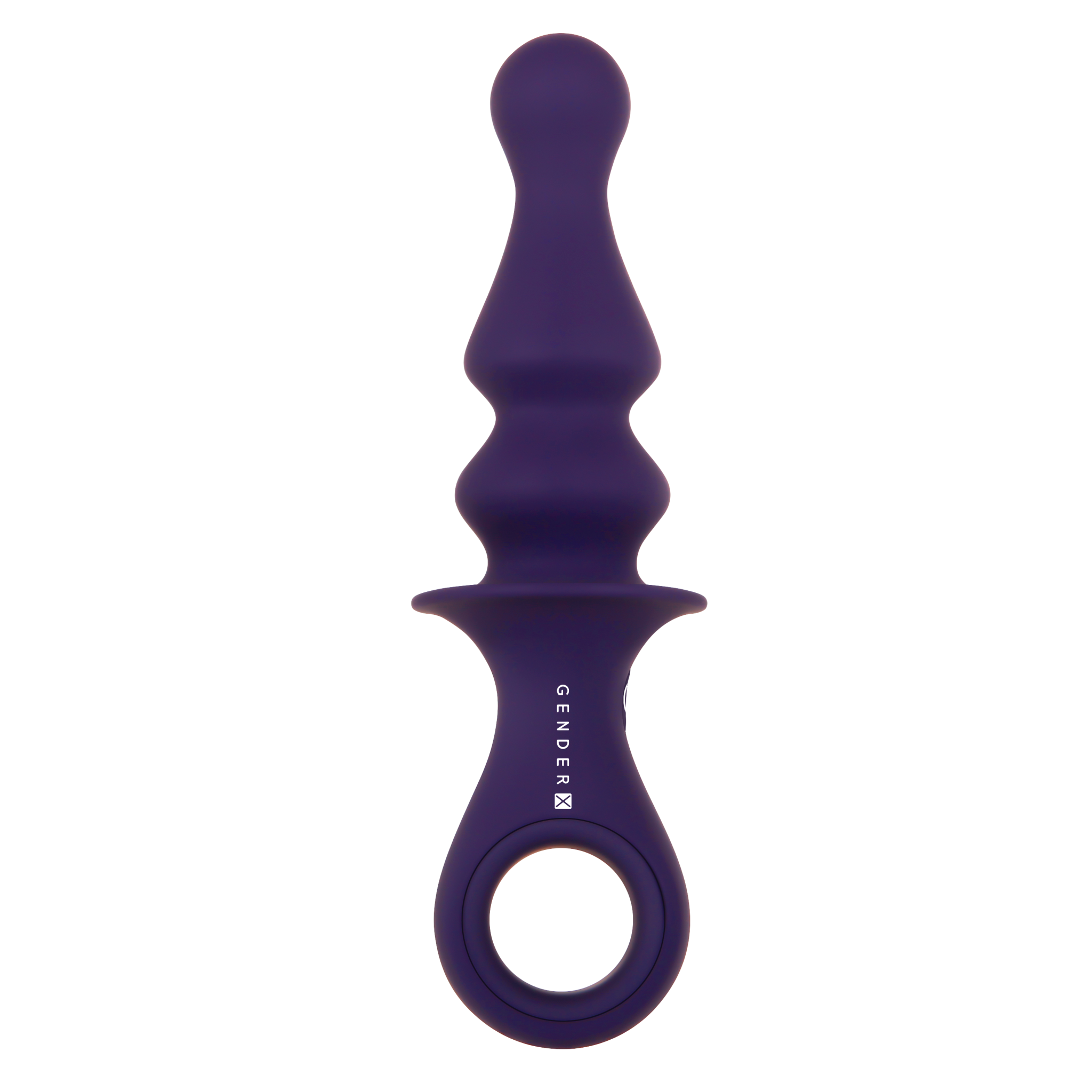 A purple silicone vibrating plug with a ring handle and textured shaft.