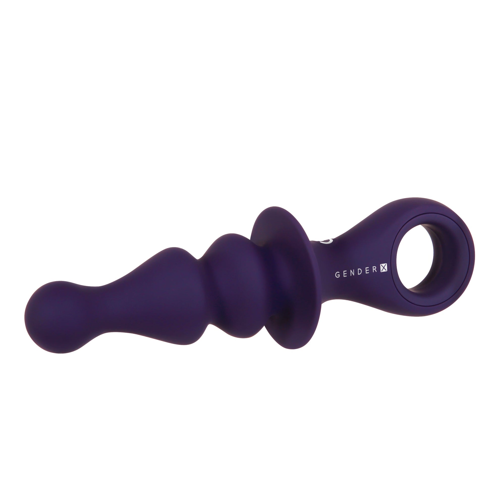 A purple silicone vibrating plug with a ring handle and textured shaft.