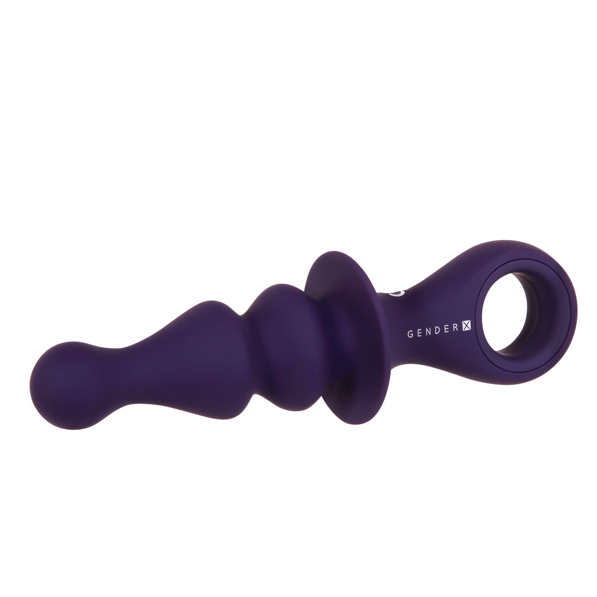 A purple silicone vibrating plug with a ring handle and textured shaft.