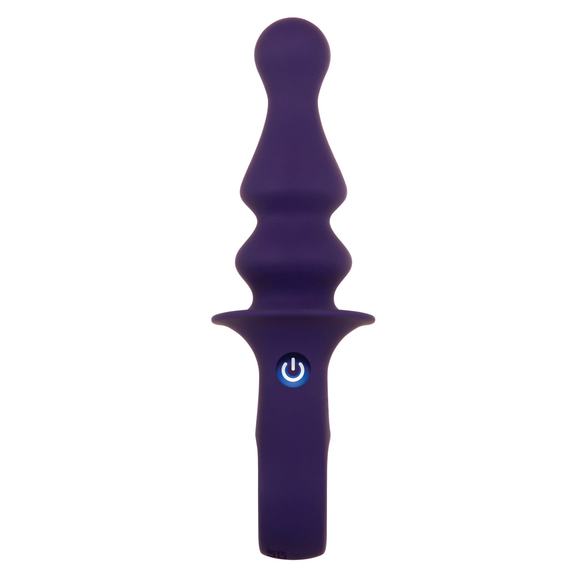 Purple silicone vibrating plug with a power button.
