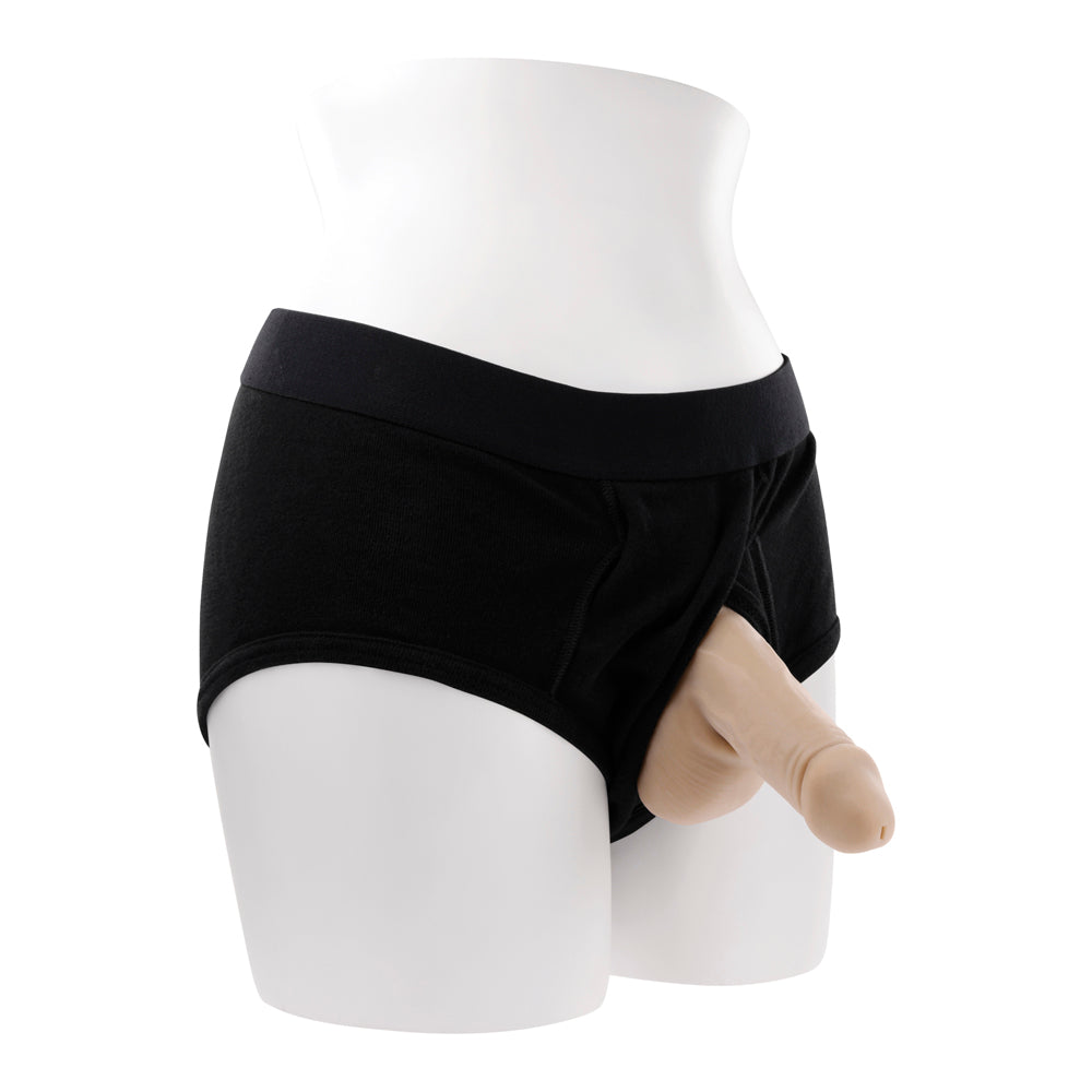 Realistic TPE stand to pee funnel in black underwear on a mannequin.