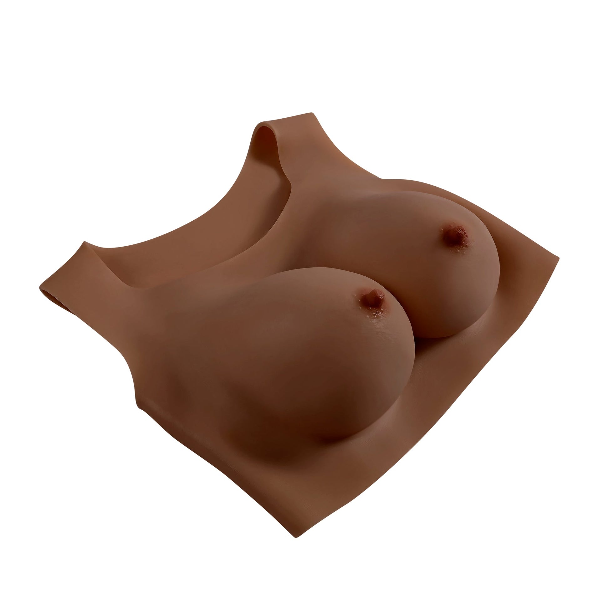 Realistic D-cup silicone breast plate vest in tan with natural movement.