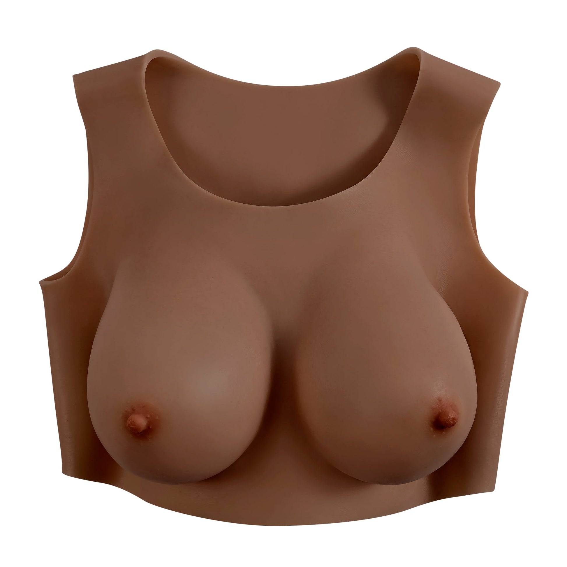 Realistic D-cup silicone breast plate vest in tan color with natural shape.