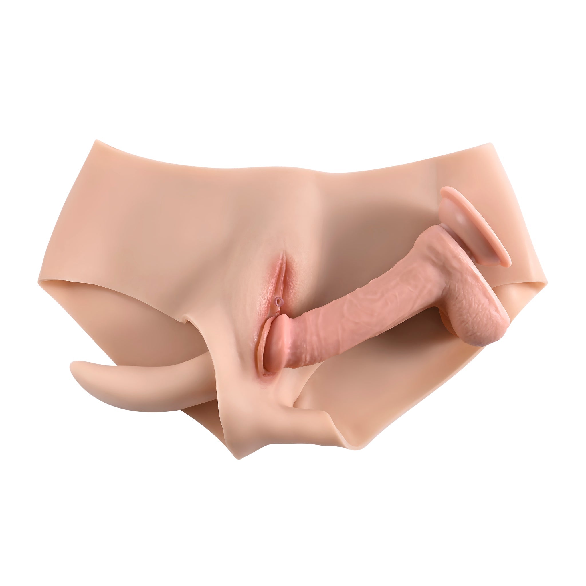 Silicone briefs with a realistic penis and scrotum attachment.