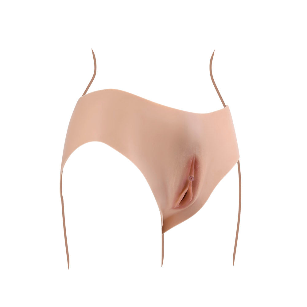Realistic silicone briefs with a penetrable channel.