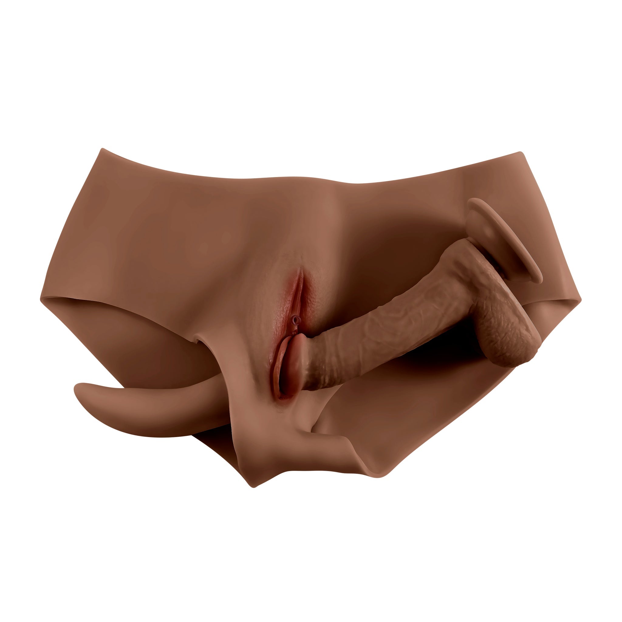 Silicone briefs with a realistic penis and scrotum attachment.