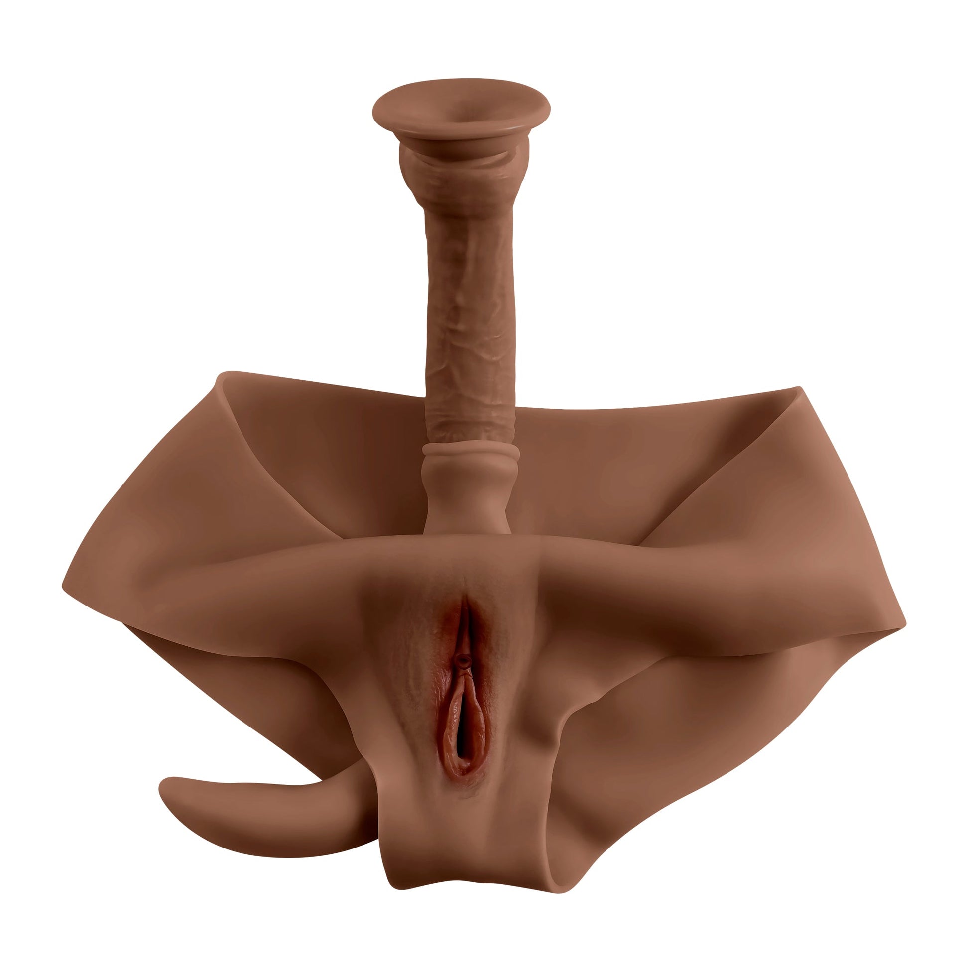 Brown silicone briefs with a realistic channel and penetrable shaft.