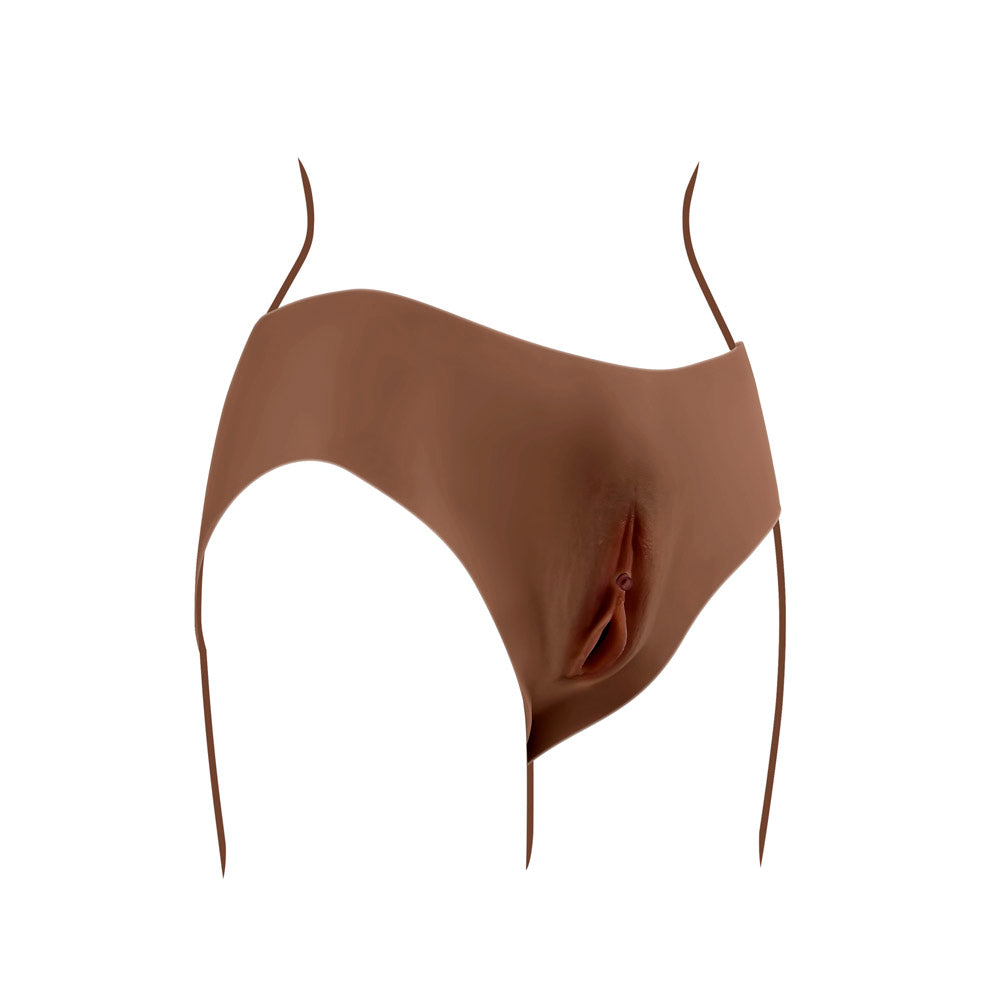 Brown silicone briefs with a realistic channel.