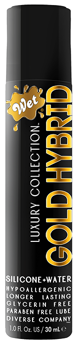 Wet Gold Hybrid water silicone lubricant in a black bottle.