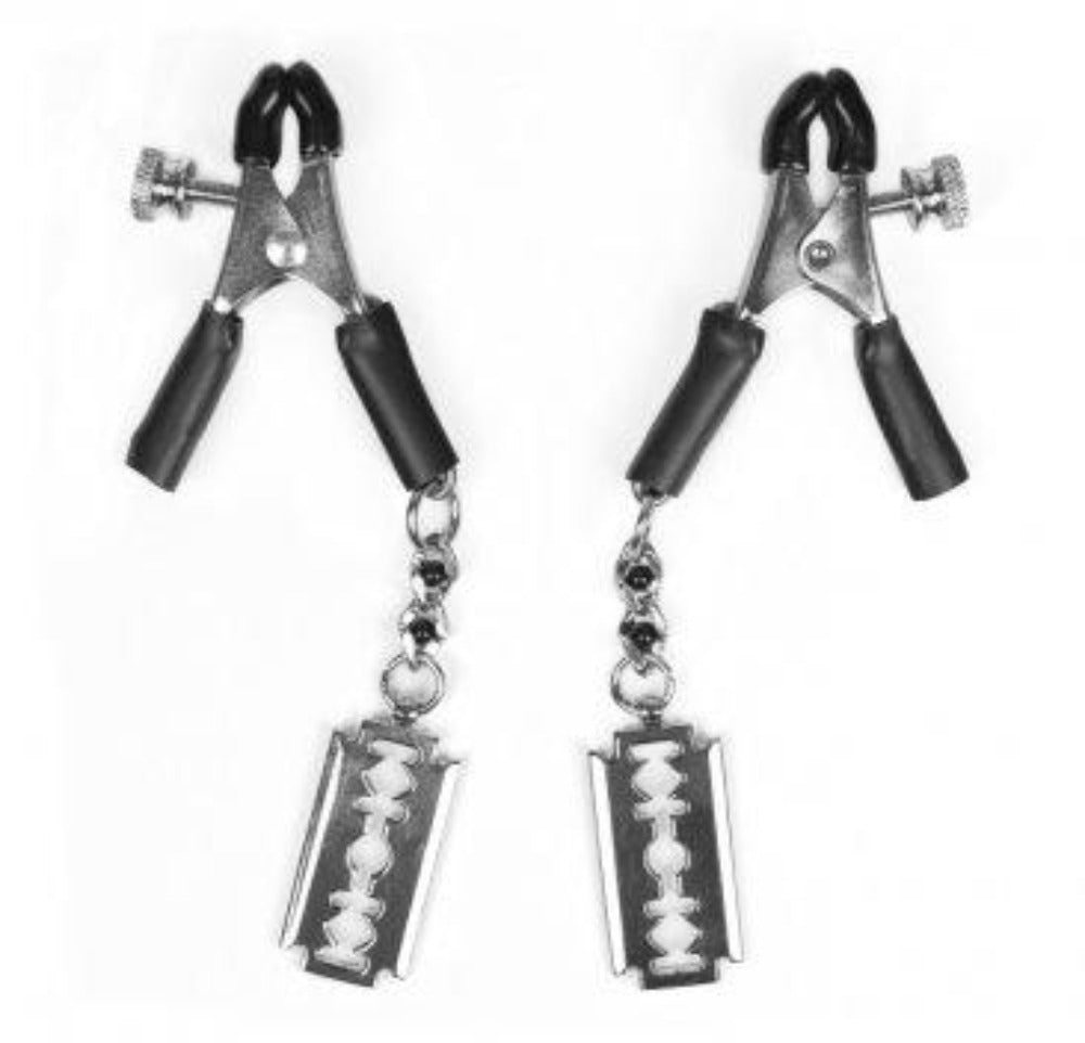 Micro plier clamps with razor blade pendants.