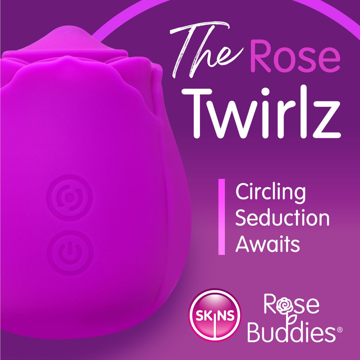 A purple rose-shaped oral stimulator with buttons and text.