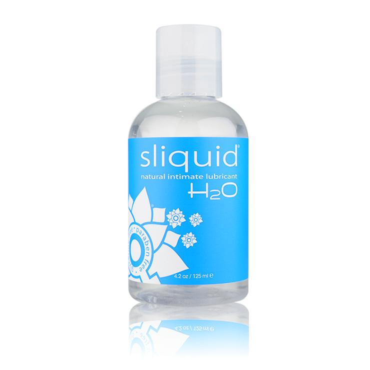 Sliquid H2O natural intimate lubricant in a clear bottle with a blue label.