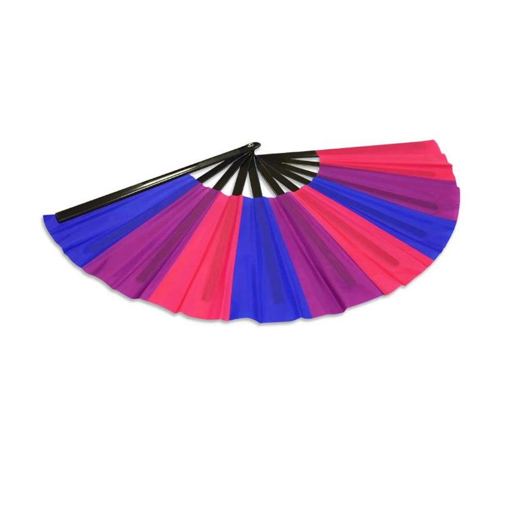 A large folding hand fan with bisexual pride colors.