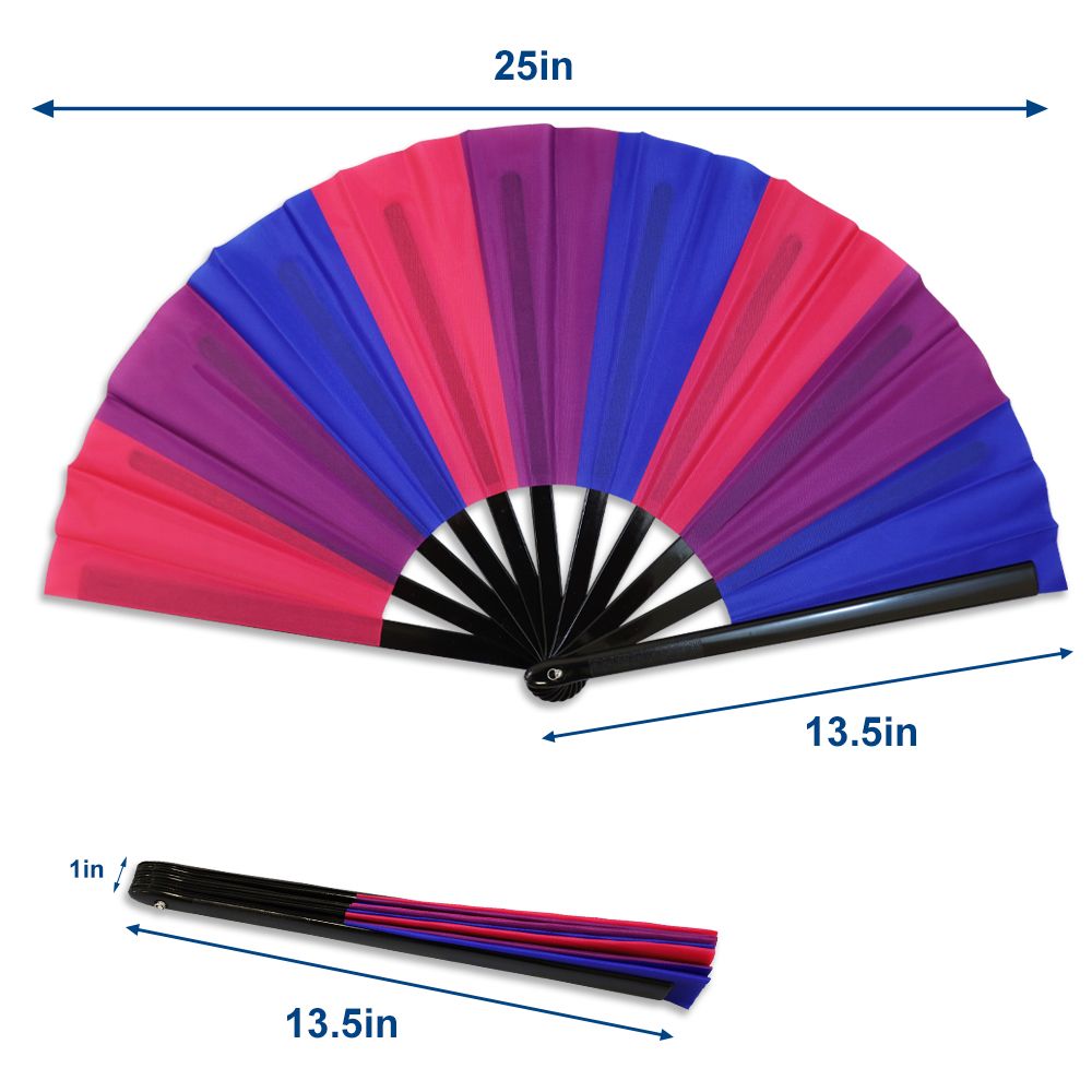 A large, open bisexual pride folding hand fan with a 25-inch span.